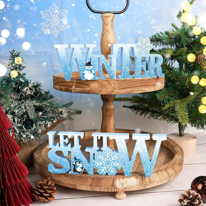 Plaque en bois «Let It Snow» - Bleu et blanc - Décoration de table flocon de neige pour la maison, le bureau, une tablette ou un manteau de cheminée