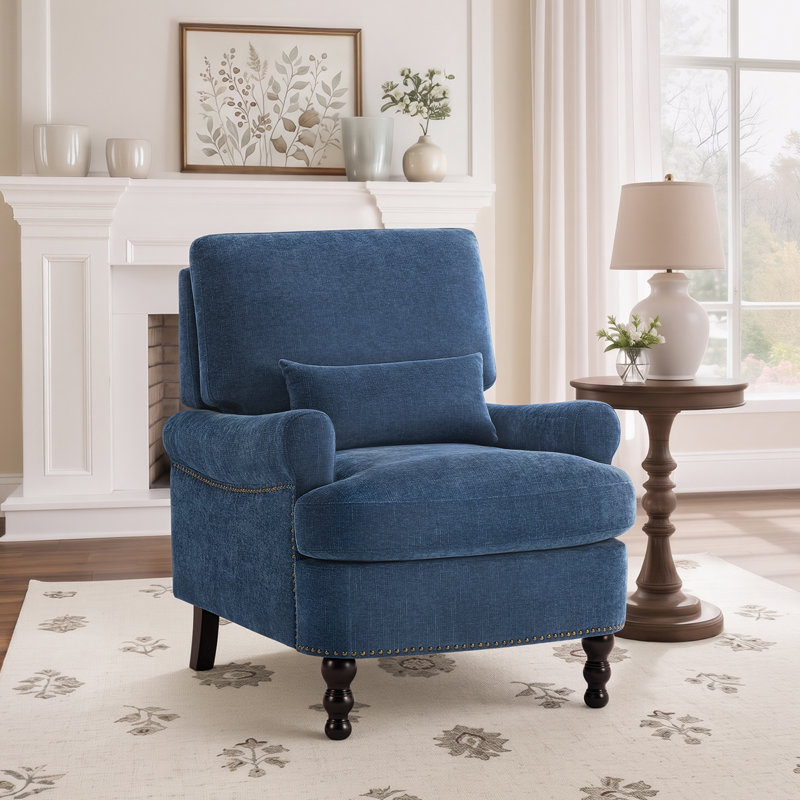 Fauteuil rembourré en lin de 81 cm de large avec accoudoirs arrondis et coussin lombaire, idéal pour le salon, la chambre ou le bureau à domicile.