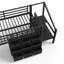 Lit simple mezzanine bas avec plusieurs espaces de rangement, y compris des tiroirs en tissu, des tablettes en tissu à côté du lit, des escaliers de rangement, un lit mezzanine en métal avec lumières-133692367