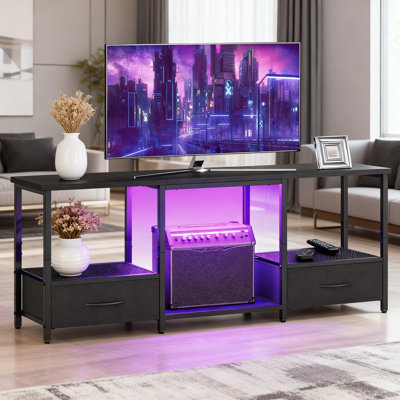 Meuble télé à DEL avec rangement pour téléviseur de 55 po ou moins, centre de divertissement avec éclairage réglable, tablettes ouvertes et tiroirs pour le salon et la chambre à coucher