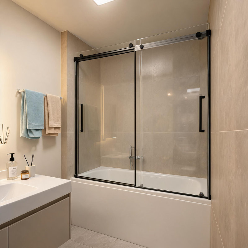 56 inch to 60 inch Black Frameless Sliding Bathtub Door with Tempered Glass