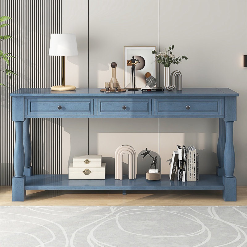 Aiyonna 63" Console Table,Entryway Table,Sofa Table with 3 functional drawers and a bottom shelf, Navy