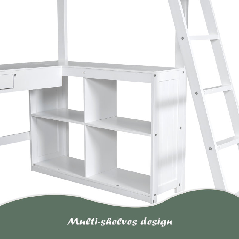 Lit mezzanine avec bureau en U, tiroirs et tablettes de rangement, Lit simple, Blanc