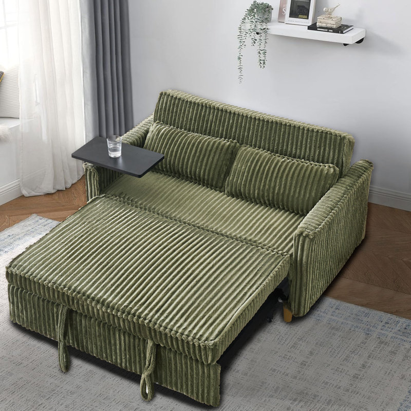 Canapé-lit convertible 2 places avec ports USB et table d'appoint intégrée Corduroy, Vert