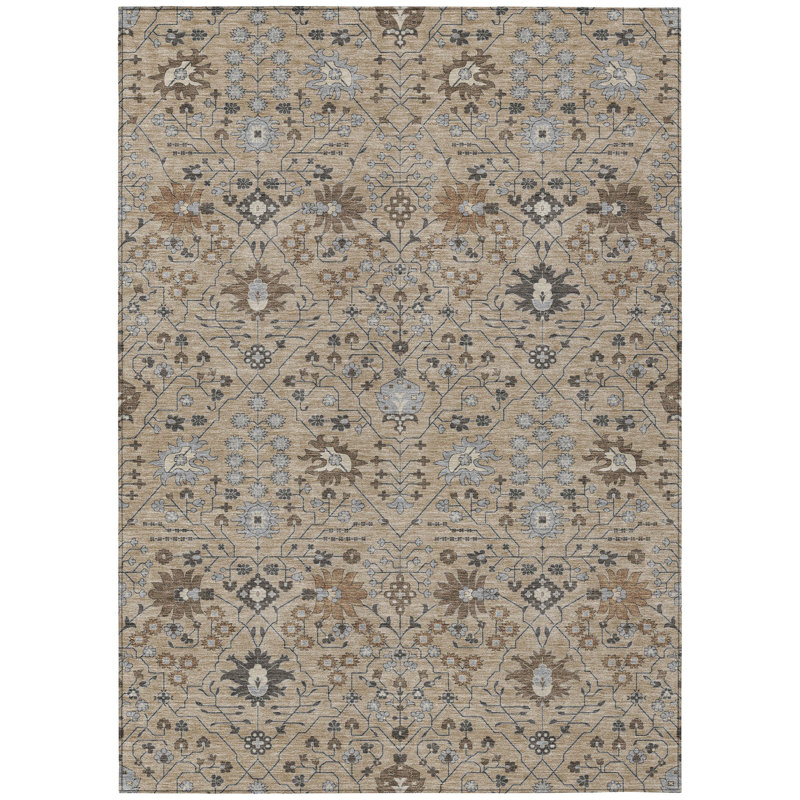 Taupe and Gray Synthetic Washable Rectangular Area Rug