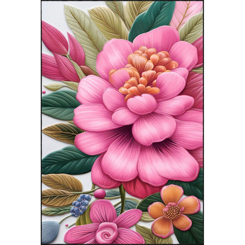 Tapis décoratif floral rose moderne lavable à la machine, Sous-tapis carré 4 pi 11 po inclus