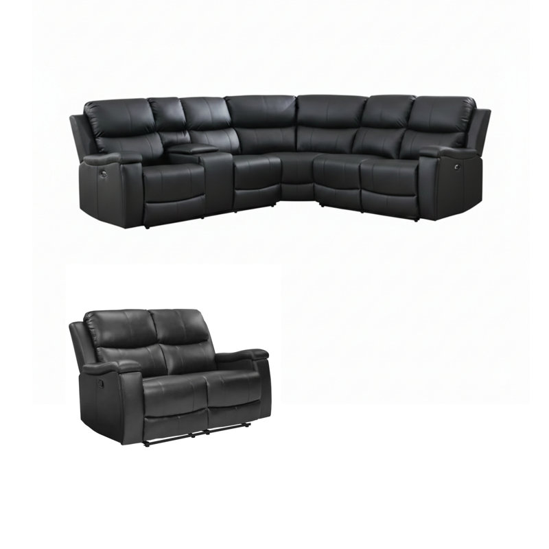 Hunstant 2-Piece Reclining Corner Sectional Sofa And Loveseat Set With Cupholder & Storage & Usb Ports, Midnight Faux Leather