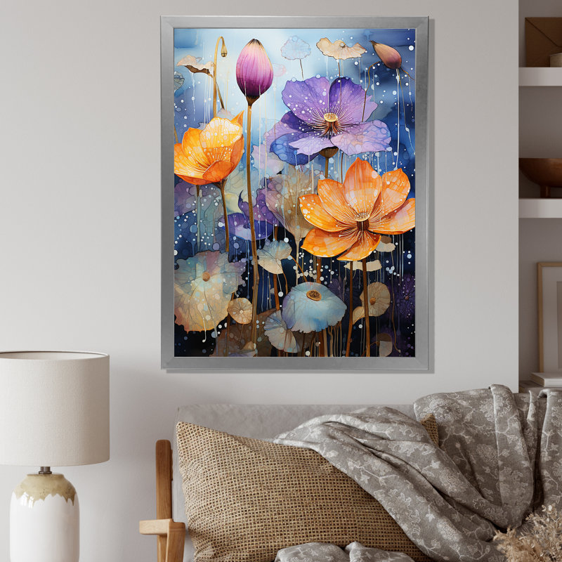 Galaxie florale colorée sur toile, Cadre simple argenté, H 40 po x l 30 po x P 1,5 po