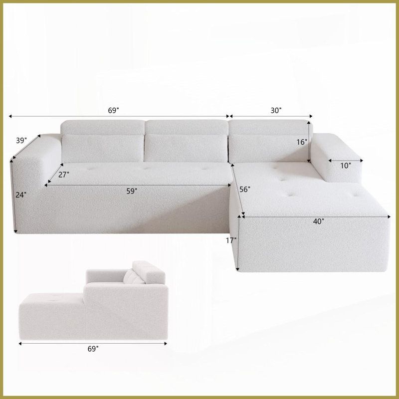 Canapé modulaire 109 po en forme de L avec méridienne et amp; Oreillers, pas d'assemblage pour le salon, White
