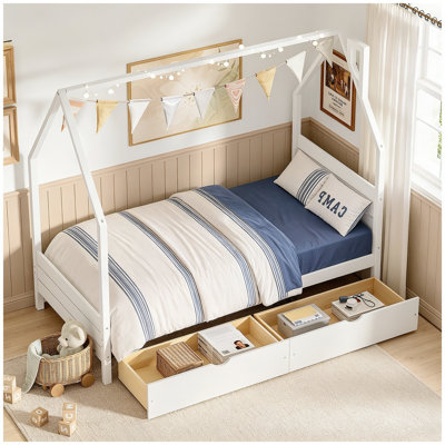 Twin Bed Frame for Kids, Montessori Bed with 2 Storage Drawers, Wood House Shape Twin Bed with Headboard, No Box Spring Needed, Easy Assemble, White