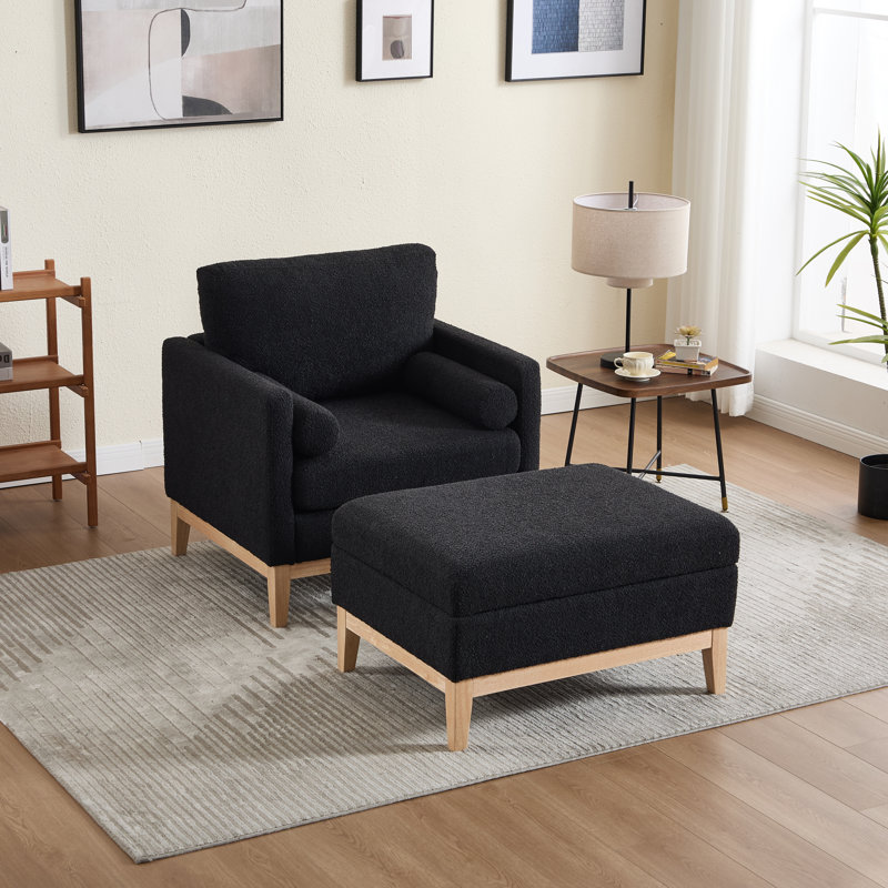 Fauteuil d'appoint large rembourré avec repose-pieds et coussins de rangement, Bois naturel, Bouclé noir