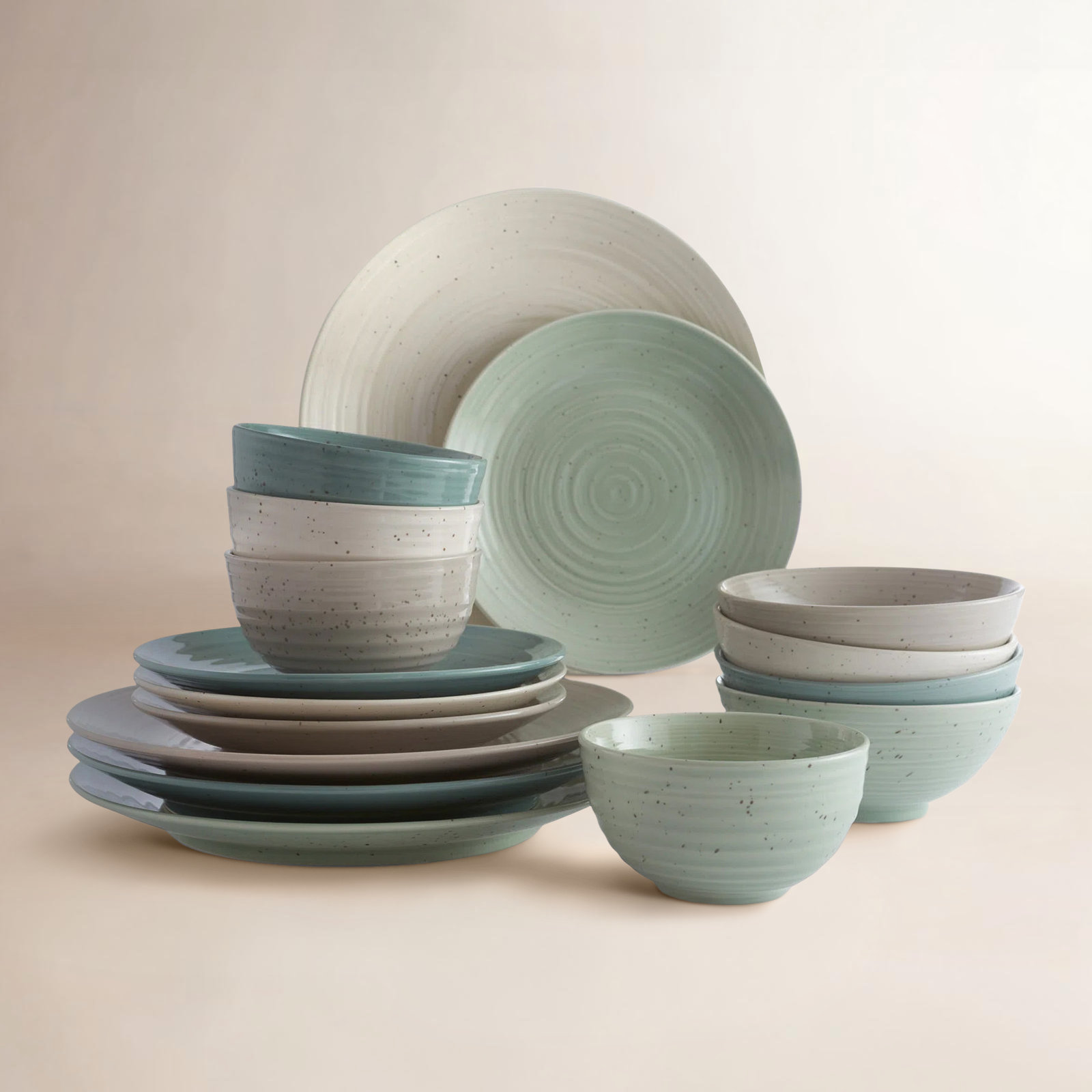 Siterra Stoneware Dinnerware Set - Service for 4, Green/Blue/Gray/Cream, Polka Dots