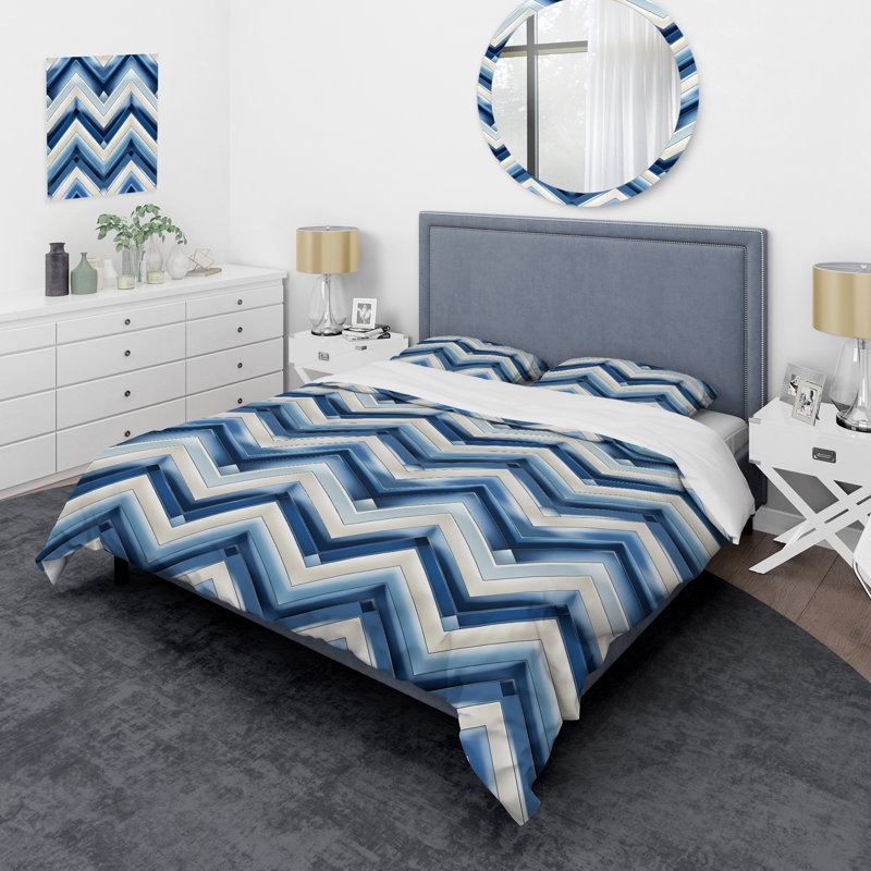 Ensemble de housse de couette à chevrons bleu cobalt et blanc rétro en polyester microfibre