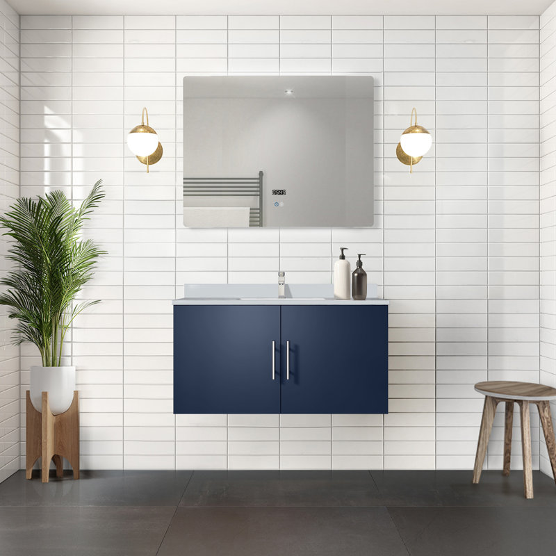 Geneva 36" Navy Blue Floating Bathroom Vanity with White Quartz Top
