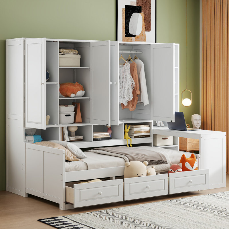 Lit de jour simple en bois avec trois tiroirs et armoire, bureau et tablettes