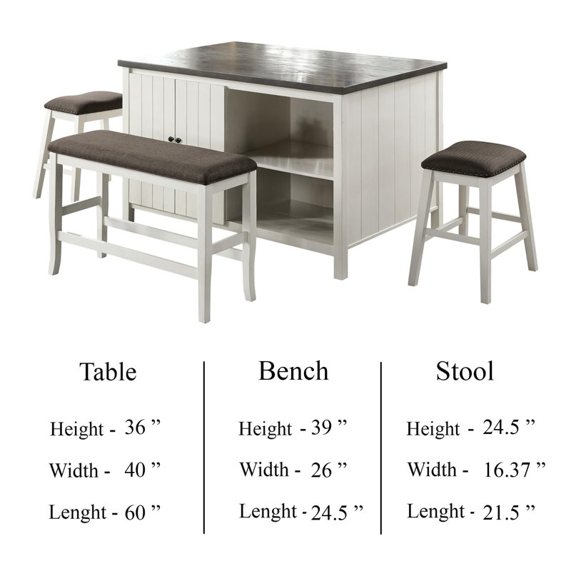 Ensemble d'îlot de cuisine, banc et tabouret de cuisine 4 pièces Begr