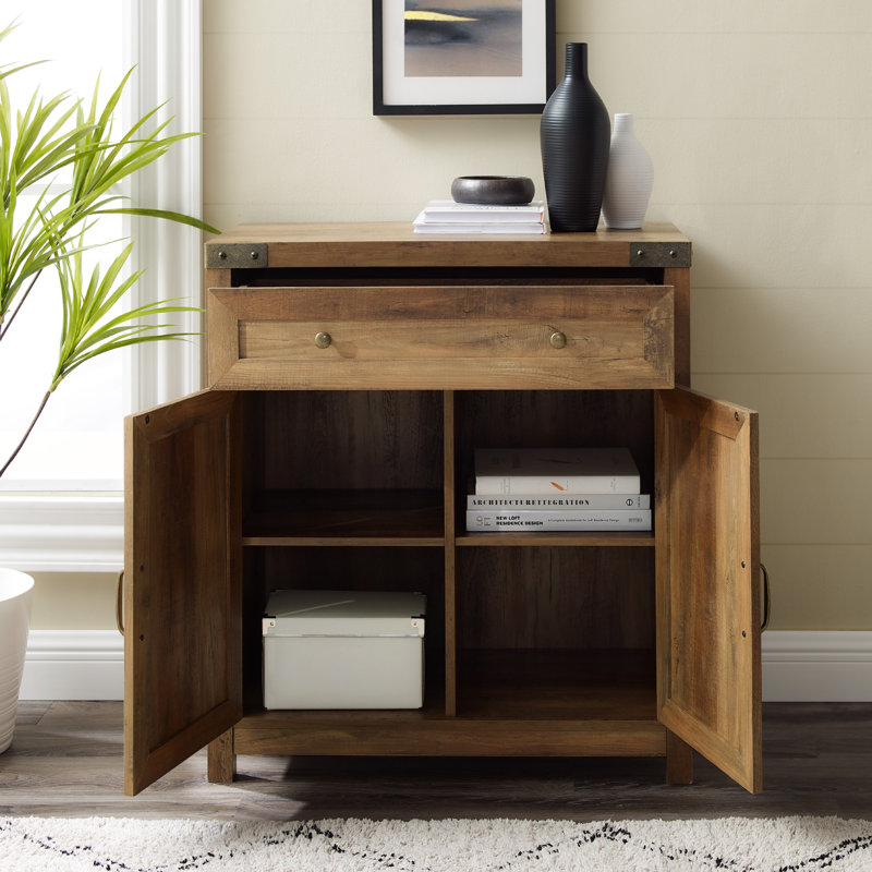 Marckson Barn Door Accent Cabinet with Drawer Storage, Rustic Oak