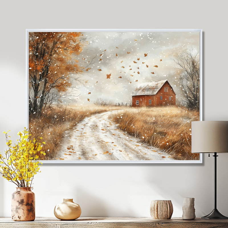 Dreketi Windy Prairie Leaves Path To The Barn III - feuilles, art mural, H 30 po x l 40 po, Impression encadrée flottante