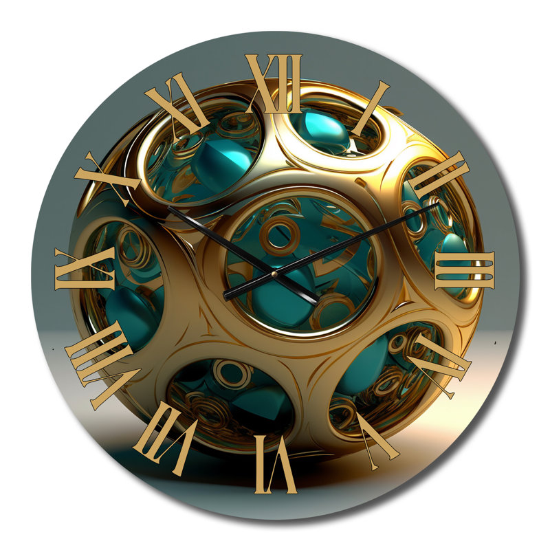 Confronting Infinity 3D Turquoise Gold Sphere II - Abstract Fractal Wall Clock, Petit