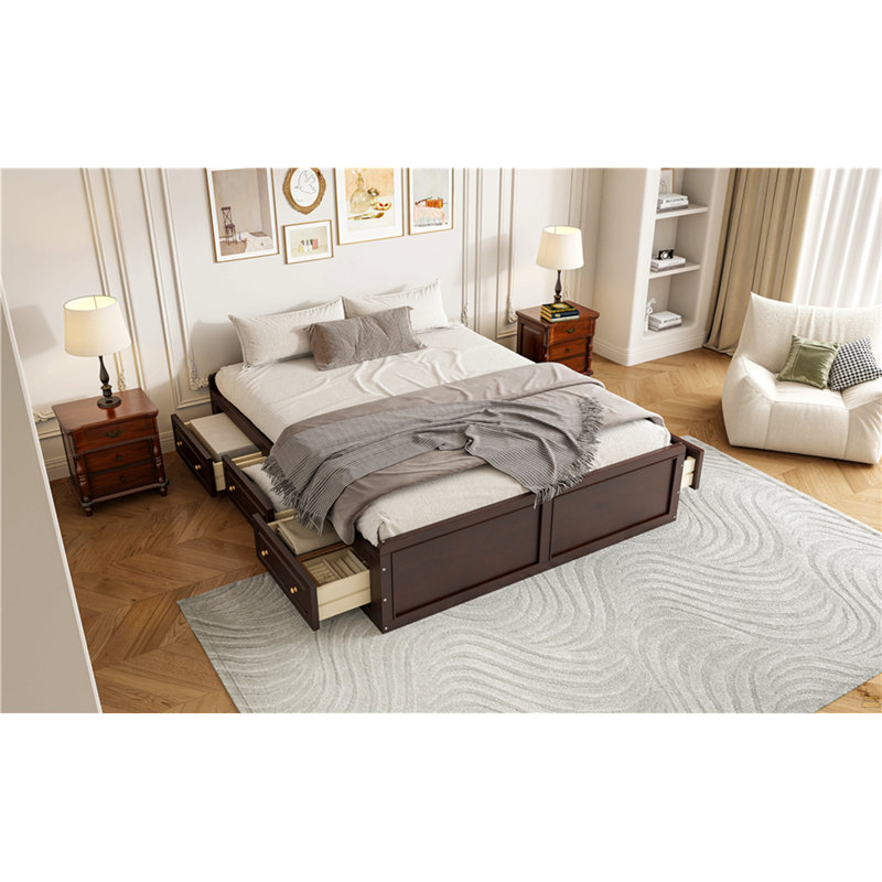 Structure de lit plateforme en bois grand format avec 6 tiroirs, espresso