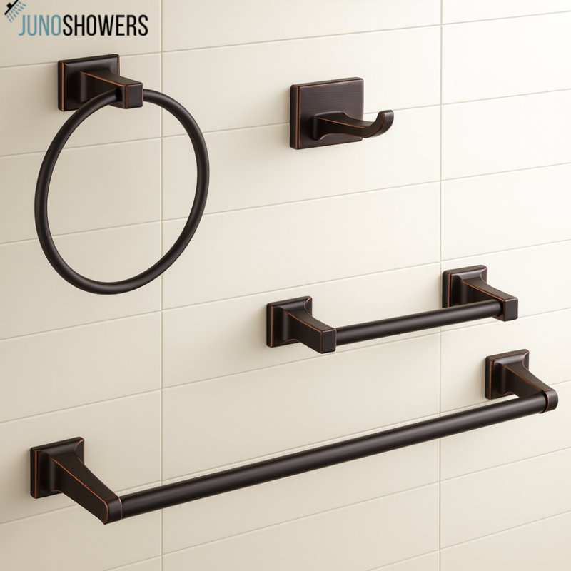 Ensemble d'accessoires de salle de bain en bronze huilé 4 pièces Juno - Quincaillerie élégante pour décoration de salle de bain classique