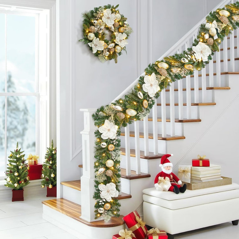 Guirlande de Noël artificielle de 6 pi avec ornements magnolia et or, 20 lumières DEL, minuterie, décoration de fêtes intérieure / extérieure pour manteau de cheminée, escalier et balustrade