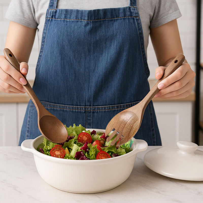 Cuillères en bois pour la cuisson, ensemble d'ustensiles de cuisine en bois d'acacia naturel 10 pièces, ensemble d'ustensiles en bois pour batterie de cuisine antiadhésive, finition lisse, robuste et durable