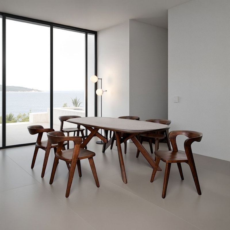 Ensemble de table de salle à manger 7 pièces Ziva, 6 chaises d'appoint, bords 3D, bois massif brun Ziva
