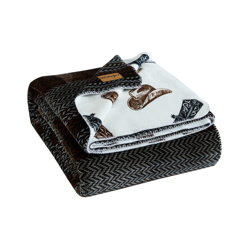 Wrangler Nash Stripe Plush Reversible Blanket, Brown Geometric, Queen
