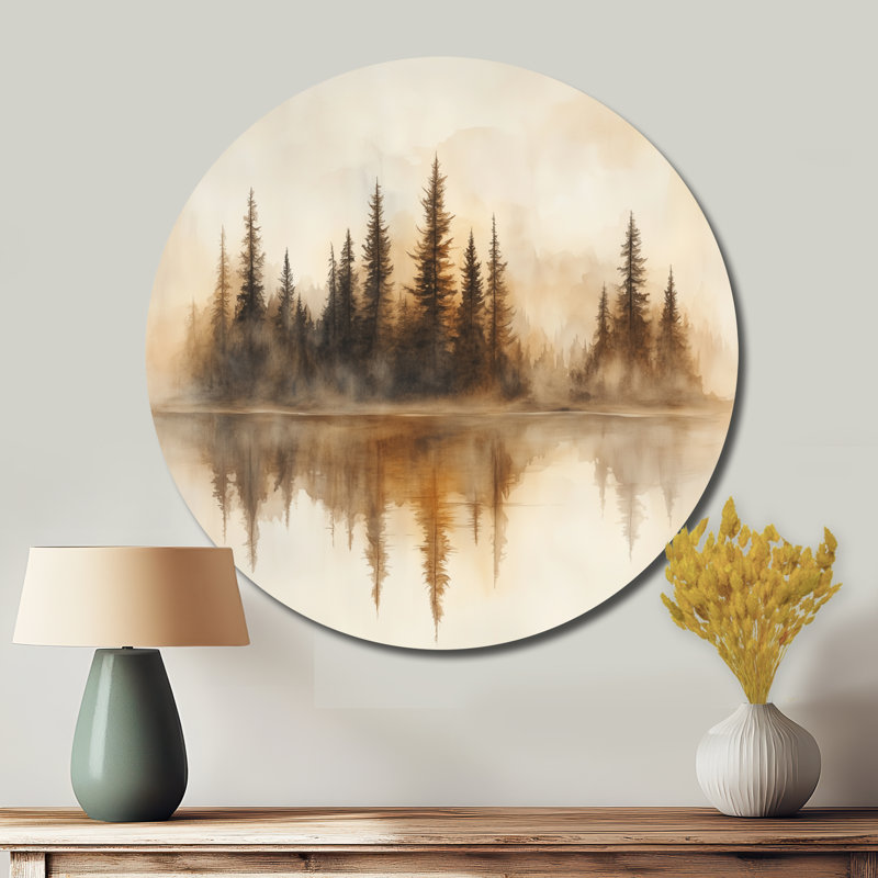 Décoration murale ronde en métal «Beige Forest Reflection By The Lake», L 36 po x H 36 po