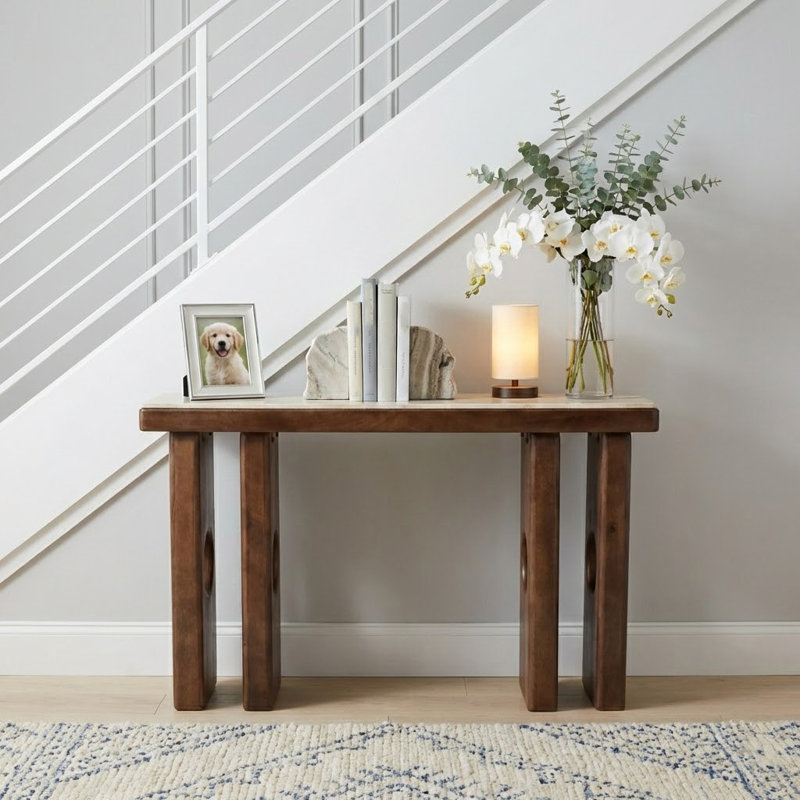 Console en travertin Modern Edge avec base en bois pour l'entrée ou le couloir - Console de canapé étroite pour vestibule ou présentoir de maison - 47 po, brun clair et brun