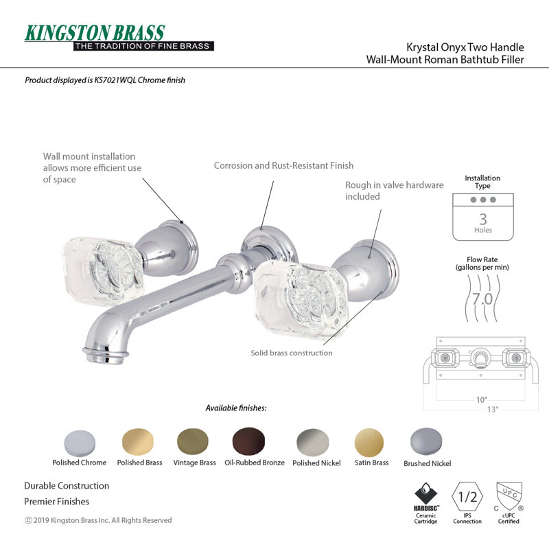 Kingston Brass Krystal Onyx Two-Handle 3-Hole Wall Mount Roman Tub Faucet