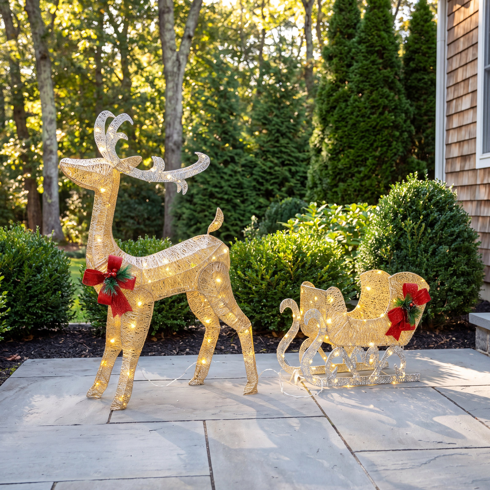 Lighted Christmas Reindeer and Santa's Sleigh