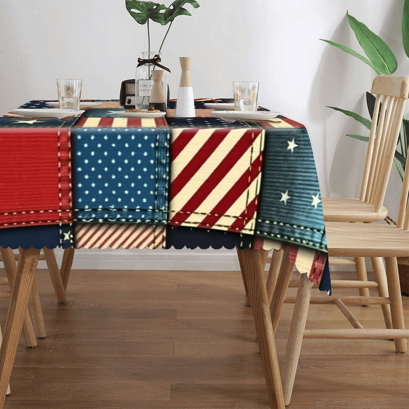 Patchwork Star Stripe Memorial Day 60 x 120 in Scalloped Edge Rectangular Table Cloth for Parties