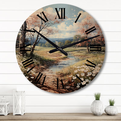 Dogwood Field Pointillism Collage II - Landscapes Oversized Wood Wall Clock