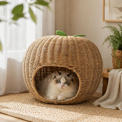 Maison de chat semi-fermée tissée à la main avec coussin, lit douillet pour animaux de compagnie de style igloo