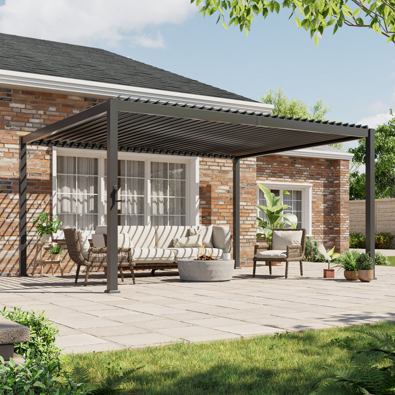 Outdoor Pergola with 0-90 degree Adjustable Roof, Aluminum Steel Louvered Pergola with Drainage System, Patio Gazebo for Patio, Deck, Porch
