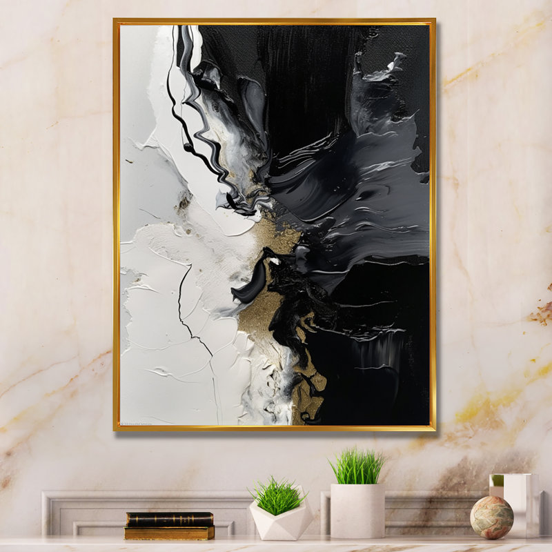 «Black Textured Splash Paint Art I», reproduction d'art sur toile, H 20 po x l 12 po, Cadre flottant doré