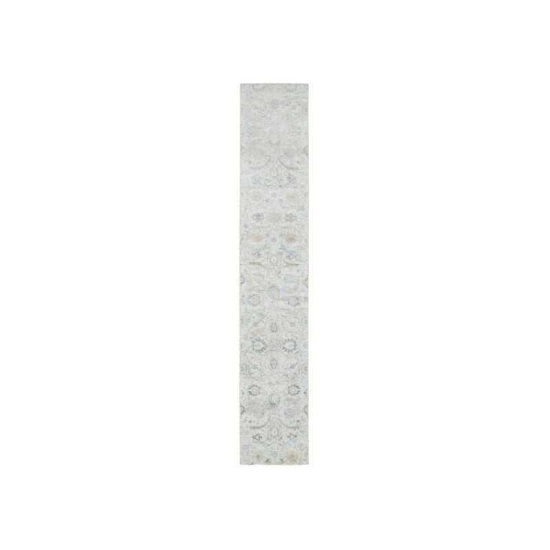 2'6"x14'2" Ivory Sickle Leaf Design Silk/Wool Hand Knotted Runner rug B30C9EE904AA4526B473E76D7139196E