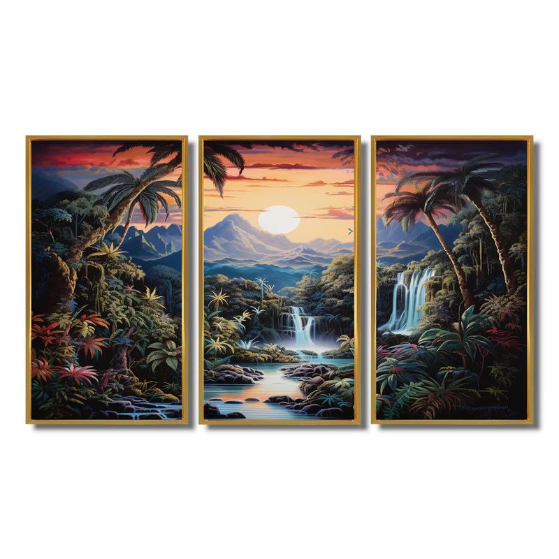 «Tropical Waterfall Paradise Sunset Over Mountains - River», ensemble d'art mural, Cadre flottant doré