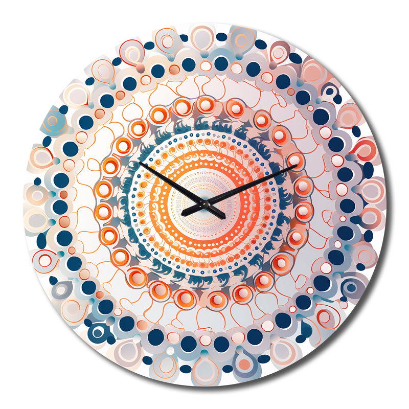 Horloge murale boho mandala rétro en métal bleu et orange, Très grand