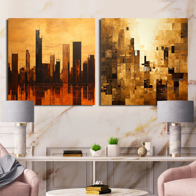 Modern Cityscape Skycraper Bronze Blocks - Skyscrapers Square Collage Set Of 2