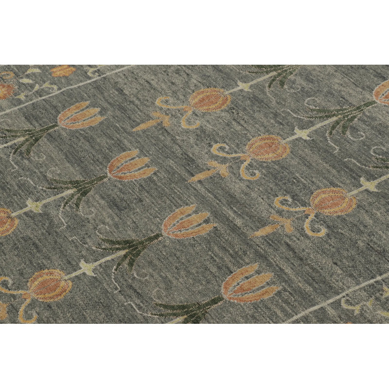 Rug & Kilim’S Block Print Rug, Teal And Gray Tones With Whimsical Floral Pattern, Rectangle 13' x 19'