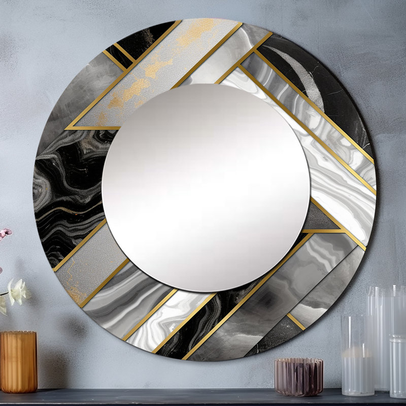 Marbre granit agate avec des touches d'or XVIII - miroir géométrique, miroir mural rond gris, art imprimé en métal