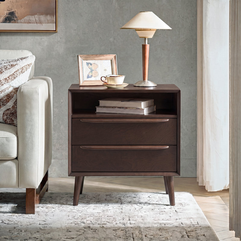 Aviannah Midcentury Modern 28''W 2-Drawer End Table with Charging Station and Open Shelf, Walnut