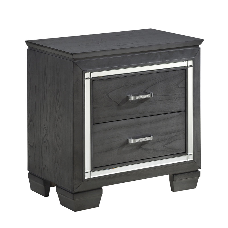 Table de chevet glamour avec 2 tiroirs, cristaux à DEL et faux cristaux pour un éclairage et un charme chic, Gris