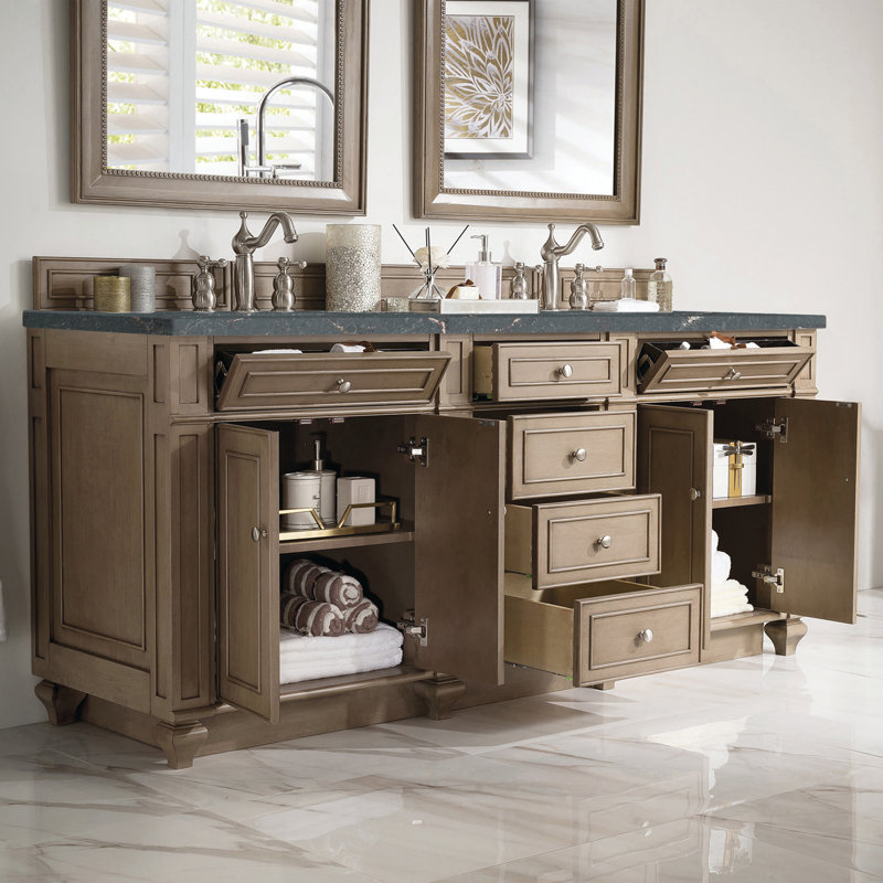 Bristol 72'' W Double Vanity, Whitewashed Walnut, Parisian Bleu, 8" Widespread