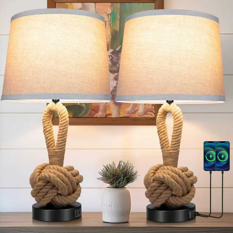 Lampes de table en rotin Boho, lampes de chevet 22 po avec ports USB, 3 températures de couleur, ampoules DEL incluses