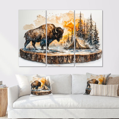 «Bison in Winter Forest Landscape I», art mural sur toile bison - ensemble de 3