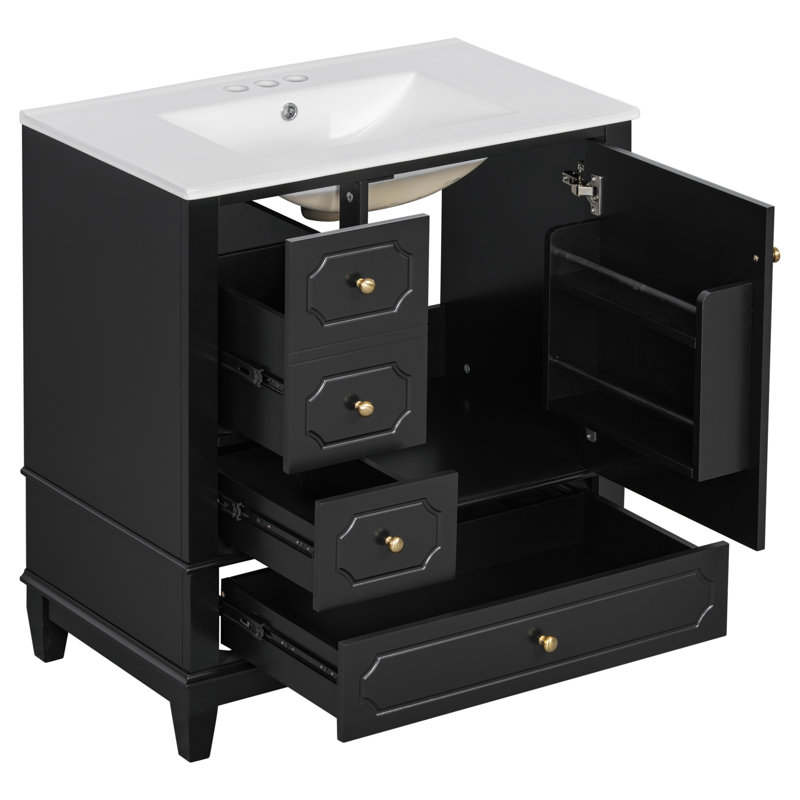 Armoire de salle de bain autoportante blanche de 30 po de largeur avec lavabo en céramique, structure en bois d'hévéa massif et fabrication en MDF peint, équipée d'une porte d'armoire à fermeture en douceur, de 3 tiroirs de rangement et de tablettes intégrées